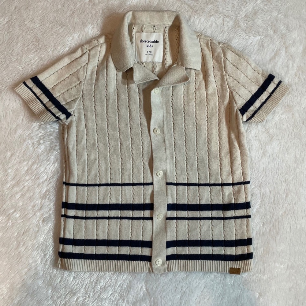 Abercrombie Kids Cream Navy Blue Striped Cable Knit Button Up Sweater Polo 7/8
